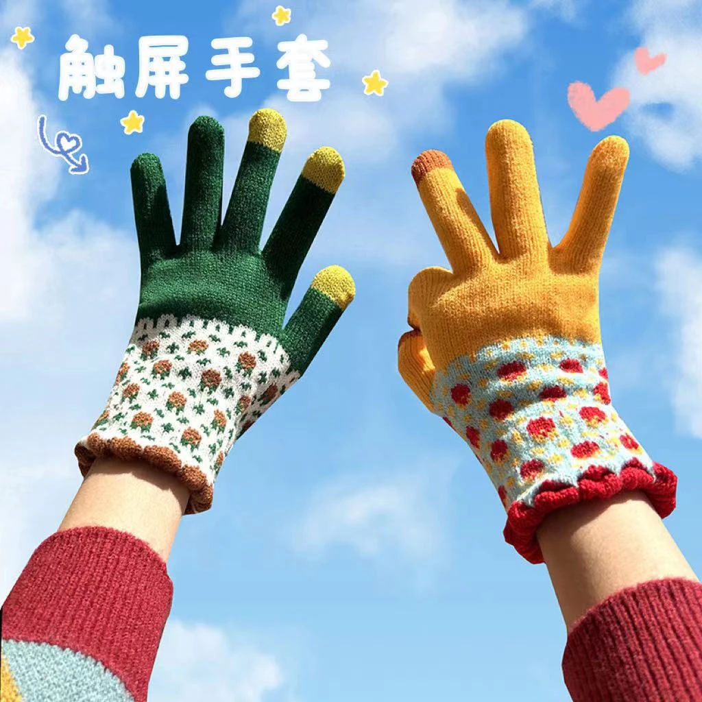 新款手套保暖可爱冬季针织女士加绒骑车防风针织触屏手套可触屏