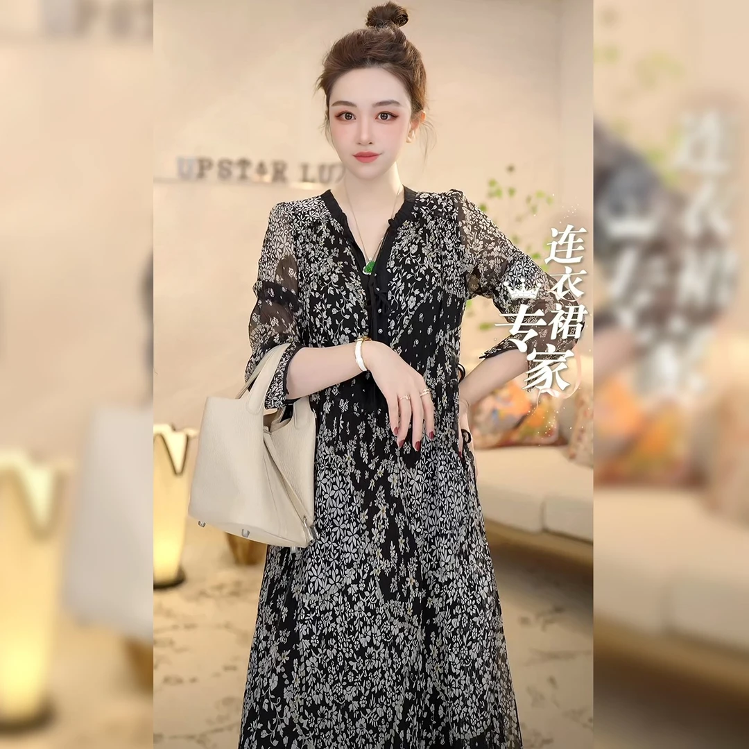 【Linda姐高端线】时尚气质桑蚕丝印花宽松连衣裙裙子AA4LYH528