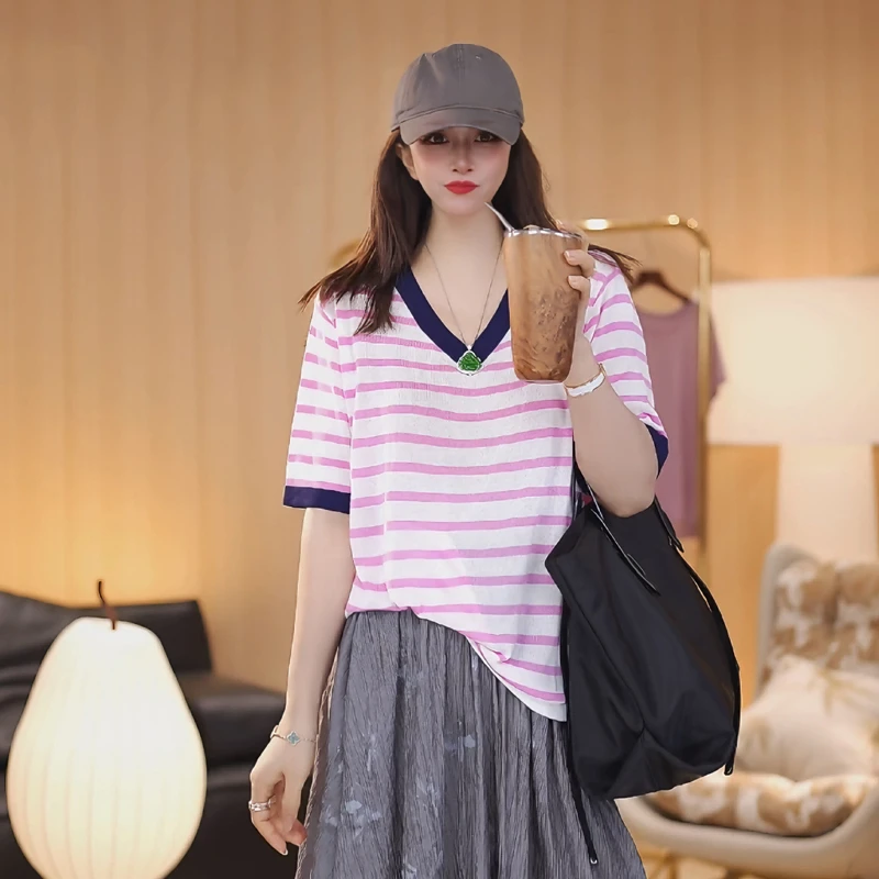 【Linda姐高端线】夏季新款时尚透气内搭条纹针织衫AA4ZDD0053