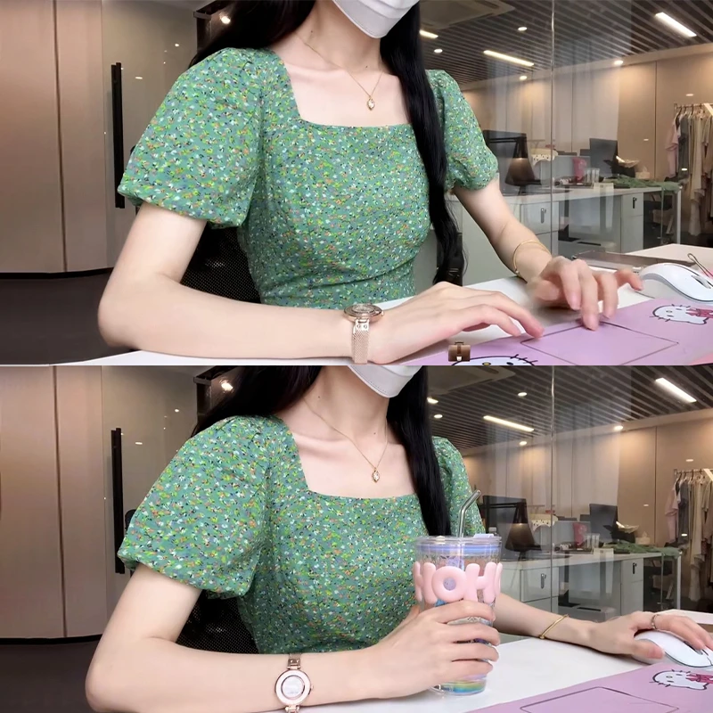 2666茶歇法式绿色方领碎花连衣裙子女夏季2024年新款海边度假长裙