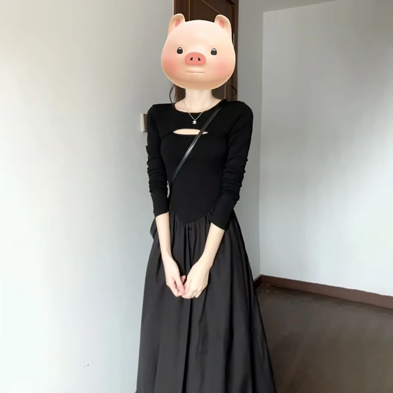 法式黑色早秋连衣裙子女秋装2024年新款气质设计感超好看长裙5550