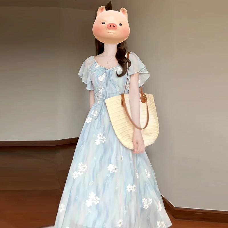 3401蓝色小清新飞飞袖连衣裙子女夏季2024新款气质显瘦度假风长裙