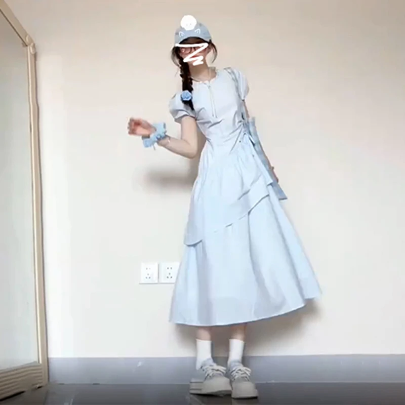 梨形身材蓝色泡泡袖连衣裙子女夏季2024新款法式气质收腰长裙3087