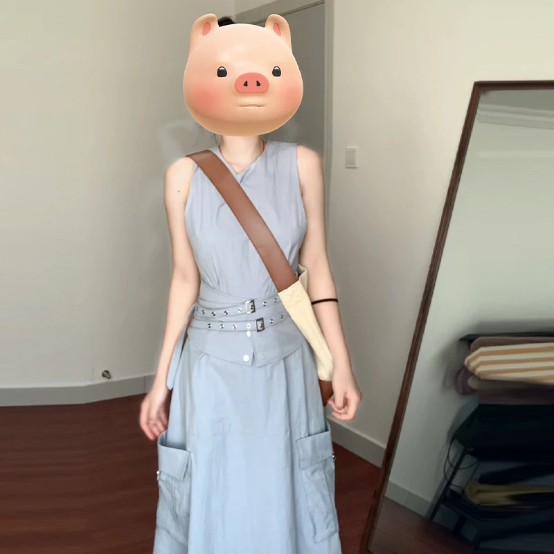 设计感小个子蓝色无袖连衣裙子女夏季2024年新款高级a字长裙3921