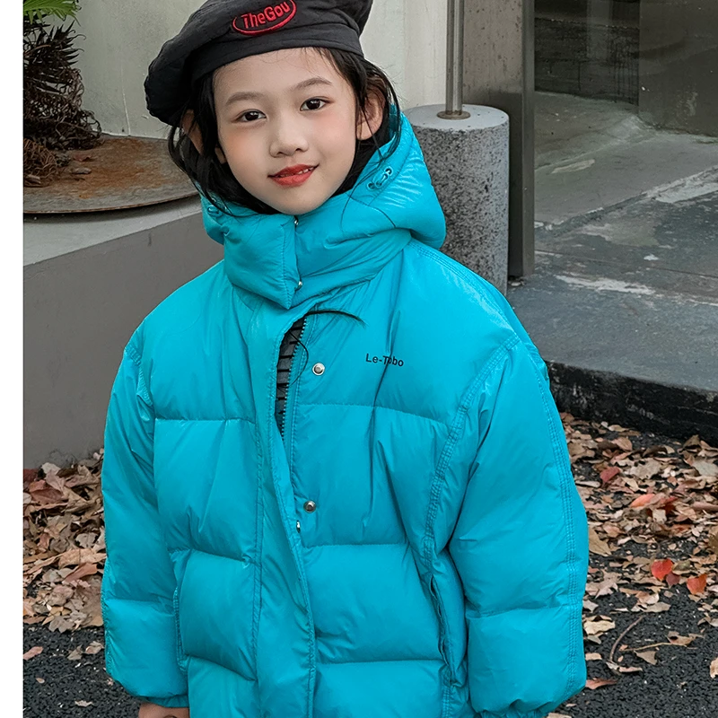 韩版冬季男女童羽绒加厚羽绒服潮童儿童时尚休闲连帽宽松纯色保暖