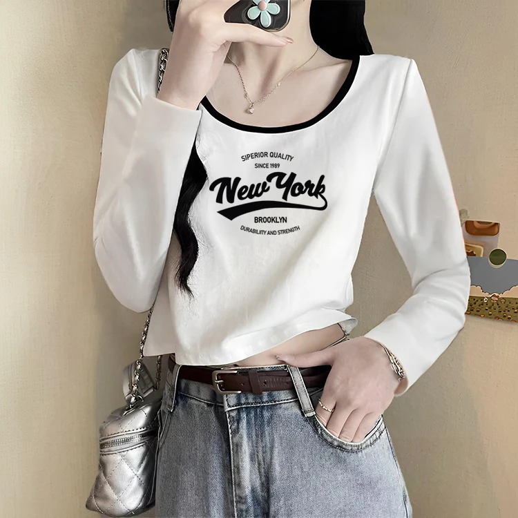 小个子配高腰裤短款上衣颜值超好看设计低领长袖T恤女打底衫秋冬