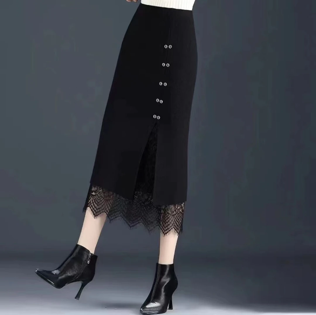 秋冬显瘦半身裙双扣款半身裙蕾丝开叉直筒黑色一步裙女修身半裙