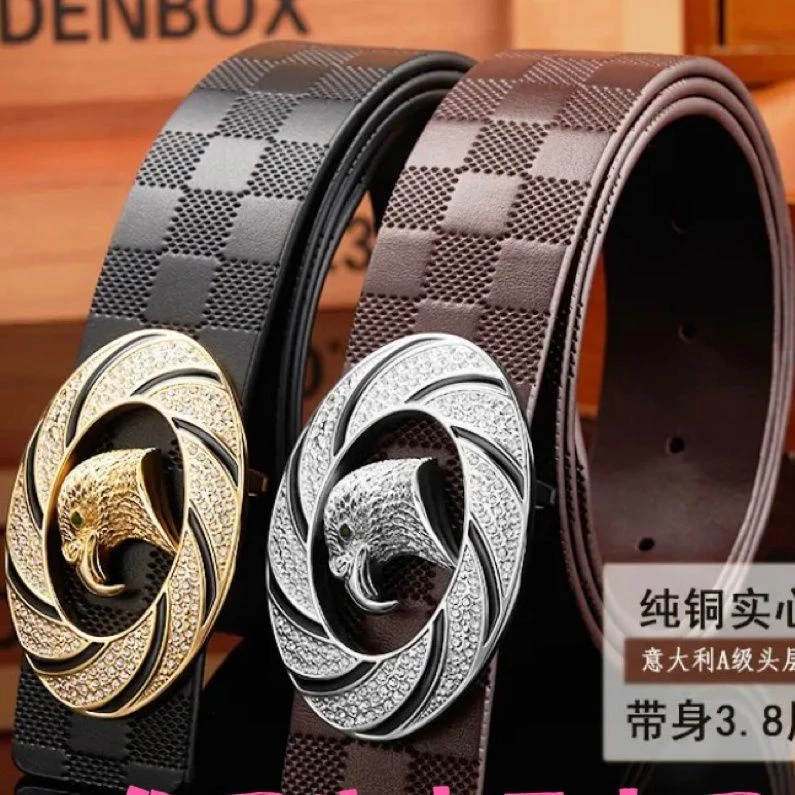 网络热卖纯铜鹰扣头层牛皮男士皮带格纹腰带个性休闲裤带一件代发