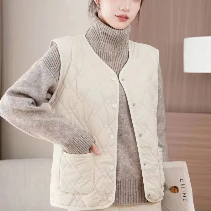 女士马甲2024菱形格夹棉加厚马夹棉服秋冬保暖时尚休闲马甲0404