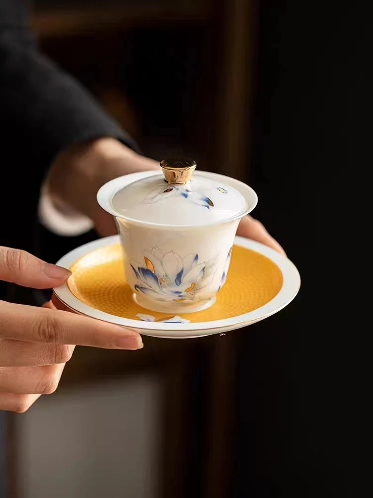【蕙质金兰盖碗-六茗器】羊脂玉功夫茶具三才盖碗家用防烫中式茶具