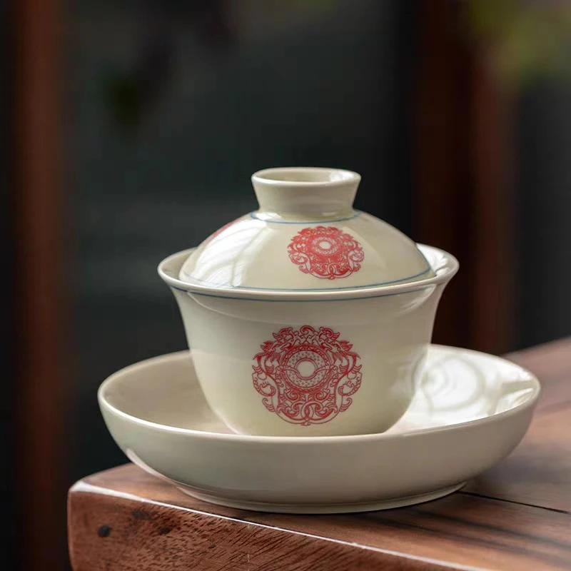 双龙青花釉里红三才盖碗带盖陶瓷茶碗大号茶杯茶盏功夫茶具泡茶碗