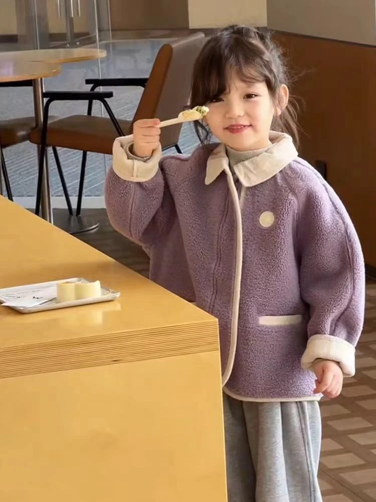 女童保暖冬装女童洋气2024秋冬季新款儿童加厚羊羔绒拼接外套