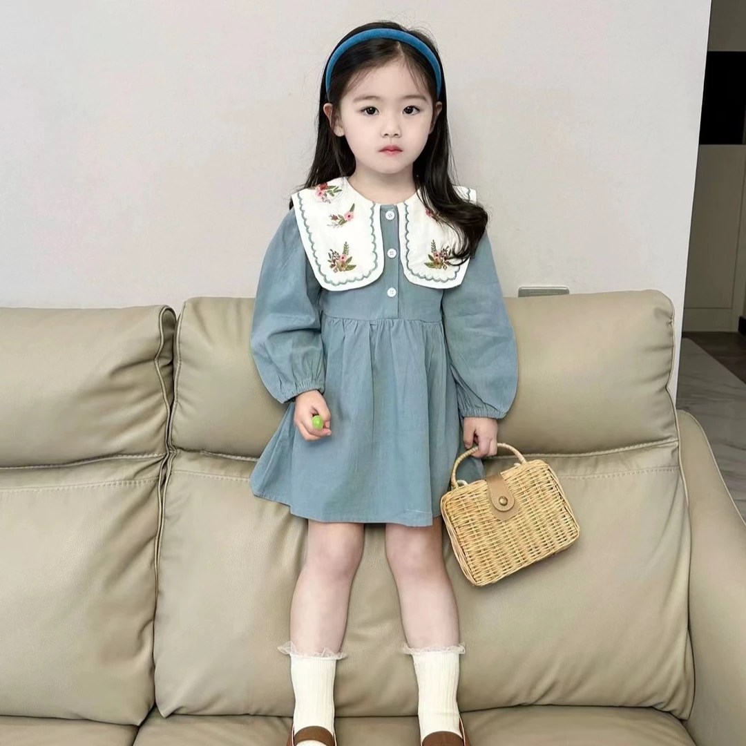 女童秋装连衣裙新款韩版儿童洋气大翻领长袖公主裙刺绣森系女宝宝