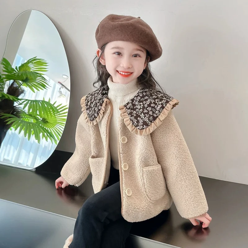 女童皮毛一体加棉外套童装新款秋冬装洋气宝宝韩版毛毛衣长袖