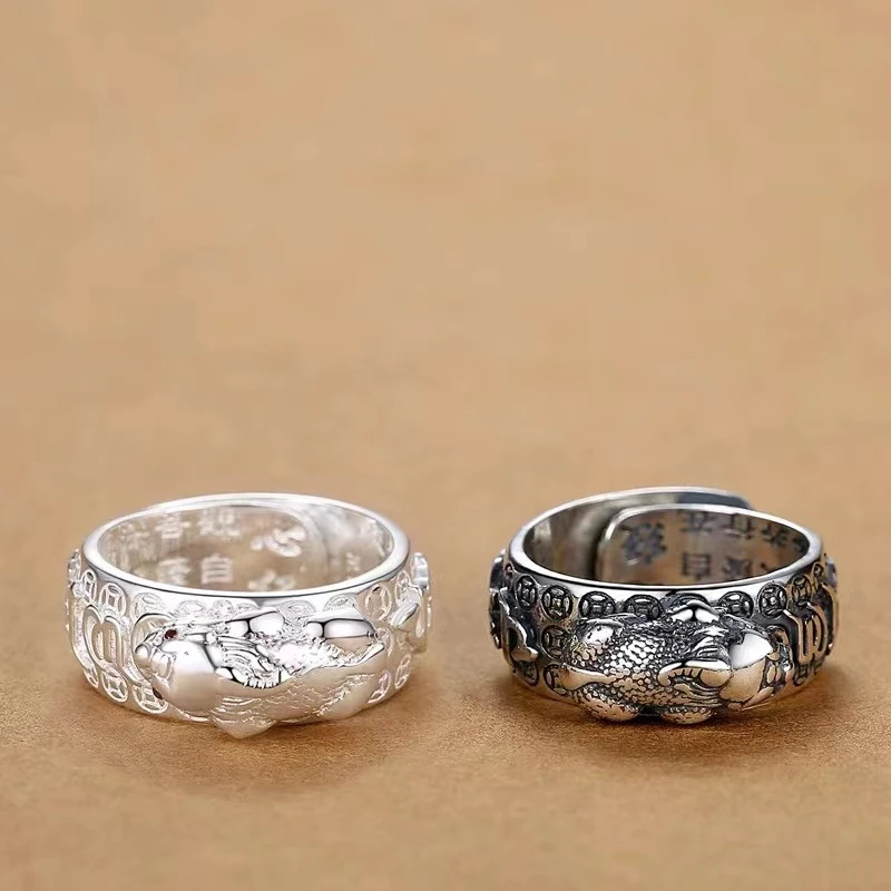 足银戒指 999足银招财貔貅戒指男士转运复古做旧貔貅指环手工个性