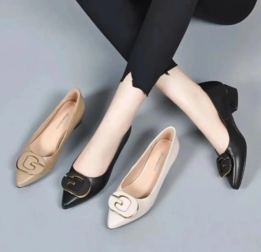 时尚气质新款舒适软底百搭真皮中跟浅口尖头粗跟女鞋妈妈鞋2308