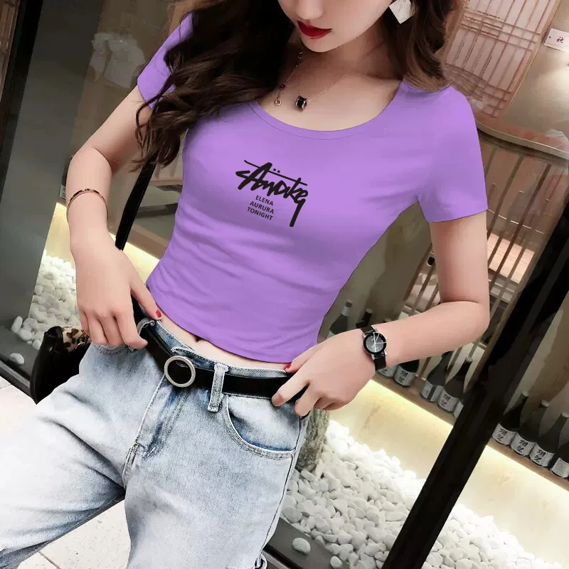 字母印花t恤短袖女短款夏季紫色高腰紧身露脐圆领半袖上衣打底衫