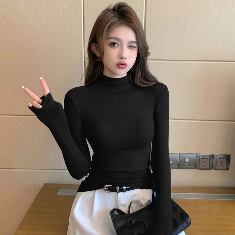 螺纹黑色半高领长袖t恤女春秋显瘦针织紧身打底衫内搭中领上衣潮