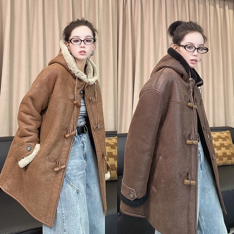 2024冬季新款皮毛一体外套女连帽年轻款羊羔毛皮草中长款洋气百搭