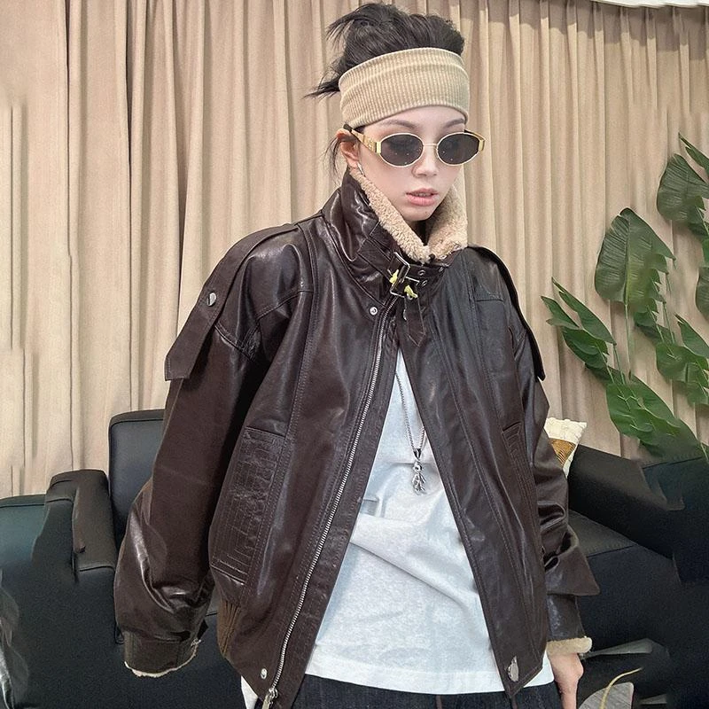 2025冬季新款欧货羊羔毛领宽松简约休闲百搭真皮夹克羽绒外套女潮