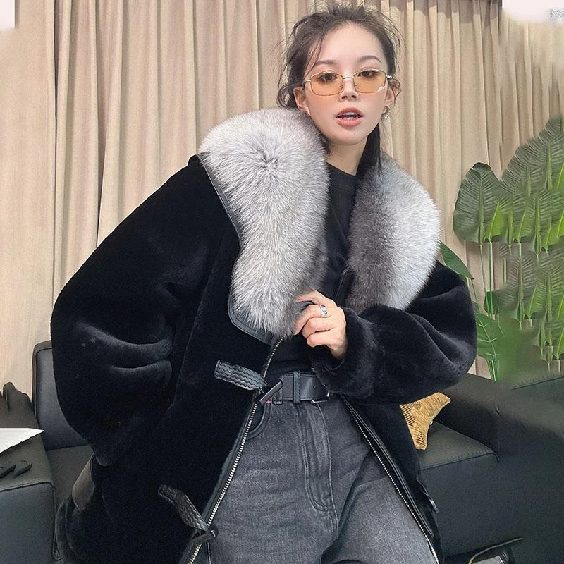 2024冬季新款皮毛一体外套女时尚真皮羊皮宽松显瘦贵气百搭中长款