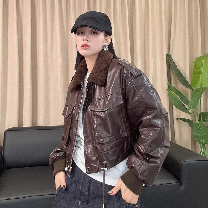 2024年秋新款真皮皮衣女短款机车服羊毛领洋气外套网红款百搭时尚
