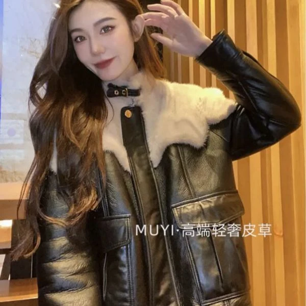 2024冬季新款女士皮毛一体真皮绵羊皮羊羔毛水貂毛PN同款时尚皮草