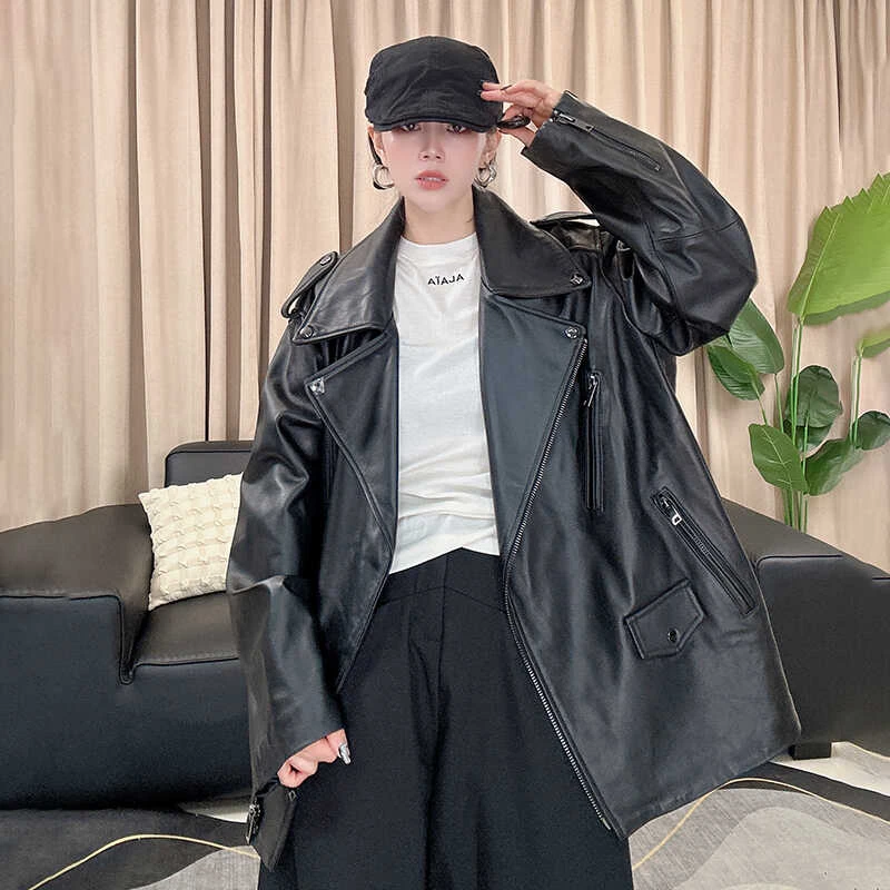 绵羊皮西装领阔版女士机车外套帅气2024秋季新款真皮中长款皮衣潮