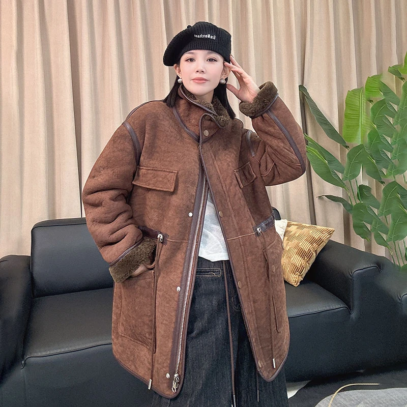 2024冬季新款韩女龟裂美拉德皮毛一体外套中长时尚显瘦羊毛皮草女