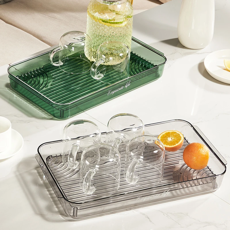 优勤轻奢家用长方形透明沥水盘加大加深方便清洗镀银纹理条纹设计