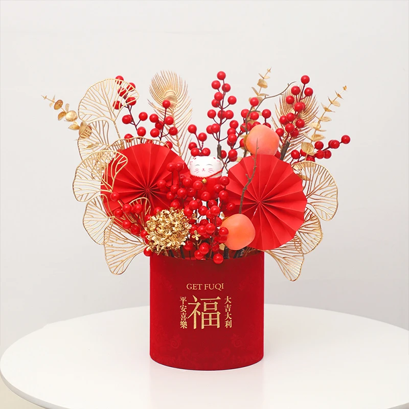 柿柿如意 新年大福桶 摆件仿真花龙年装饰花束中式工艺家居手工