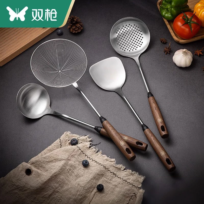 双枪锅铲304不锈钢炒菜铲子家用胡桃木手柄汤勺漏勺线漏铲子厨具