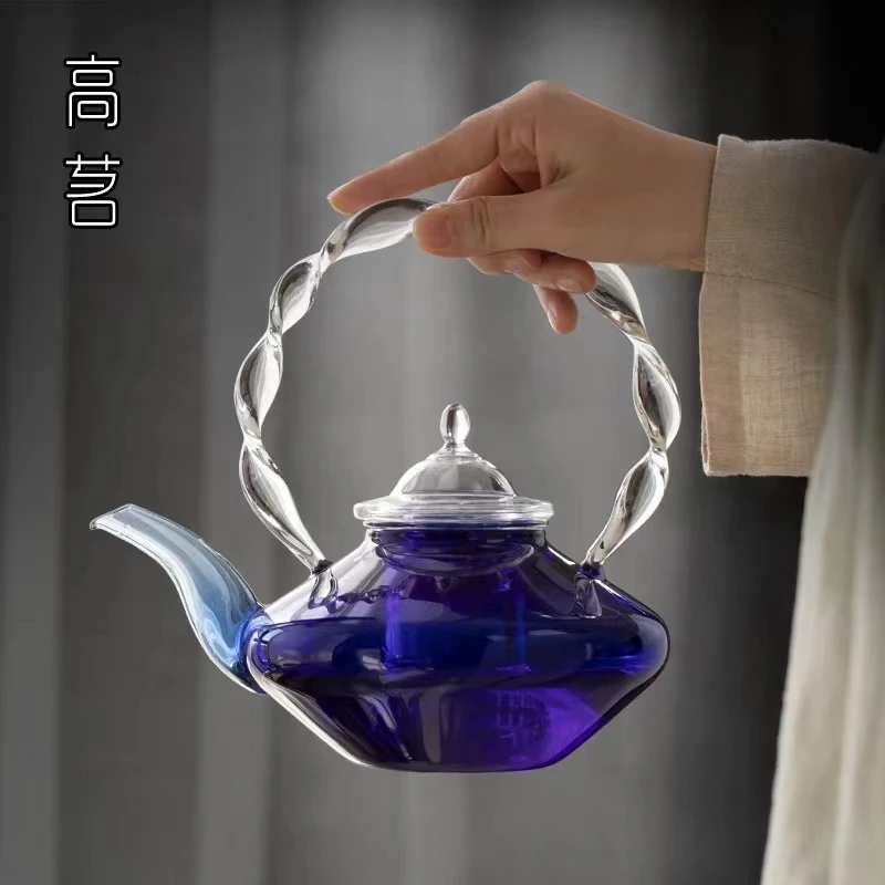 克莱因蓝玻璃煮茶壶耐高温可加热简约扭纹提梁壶高级小众