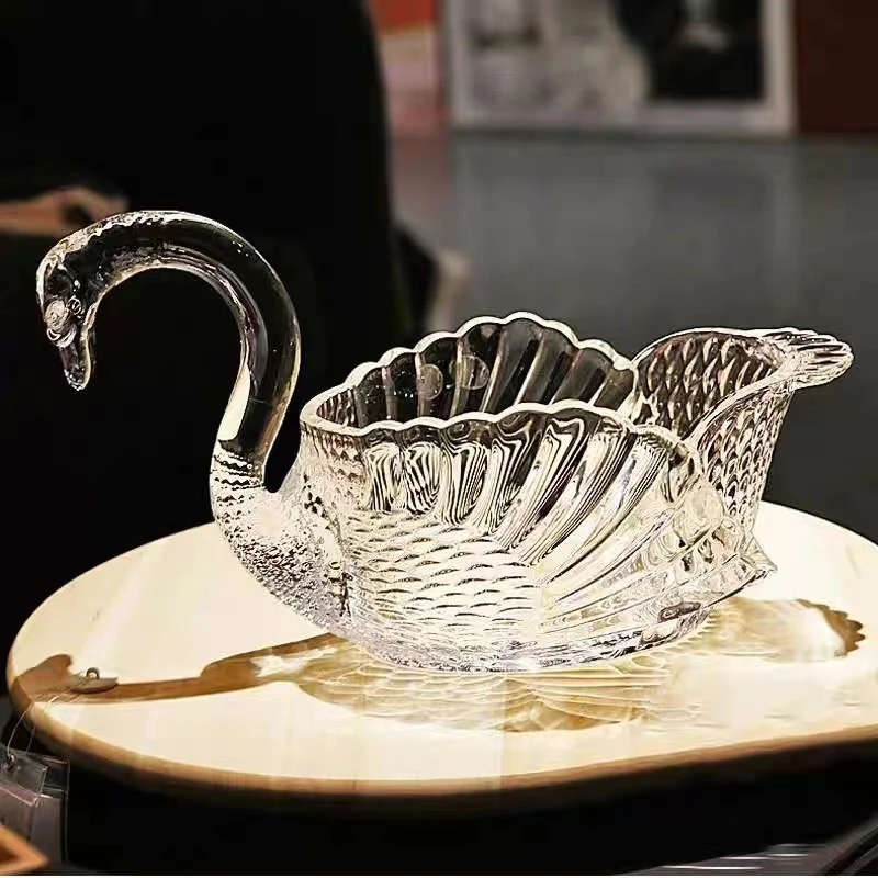 水晶玻璃天鹅果斗果盘轻奢新婚摆件送礼糖果零食盘茶几收纳罐储物