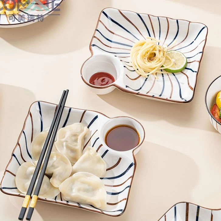 家用高温釉下彩陶瓷手柄盘饺子盘大容量高颜值小吃盘