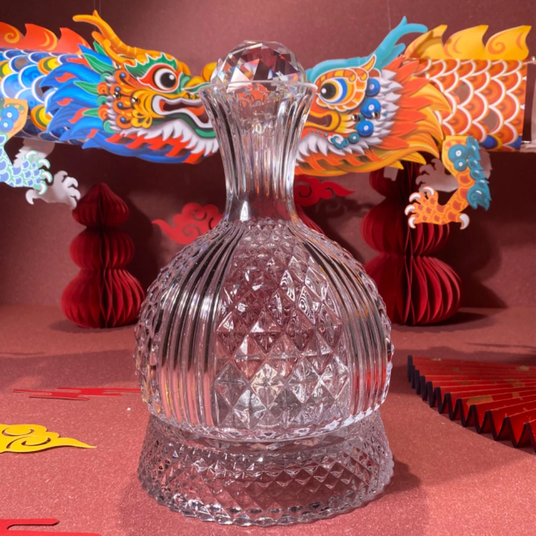 高端竖纹球形旋转欧式水晶无铅玻璃嵌套工艺红酒醒酒器