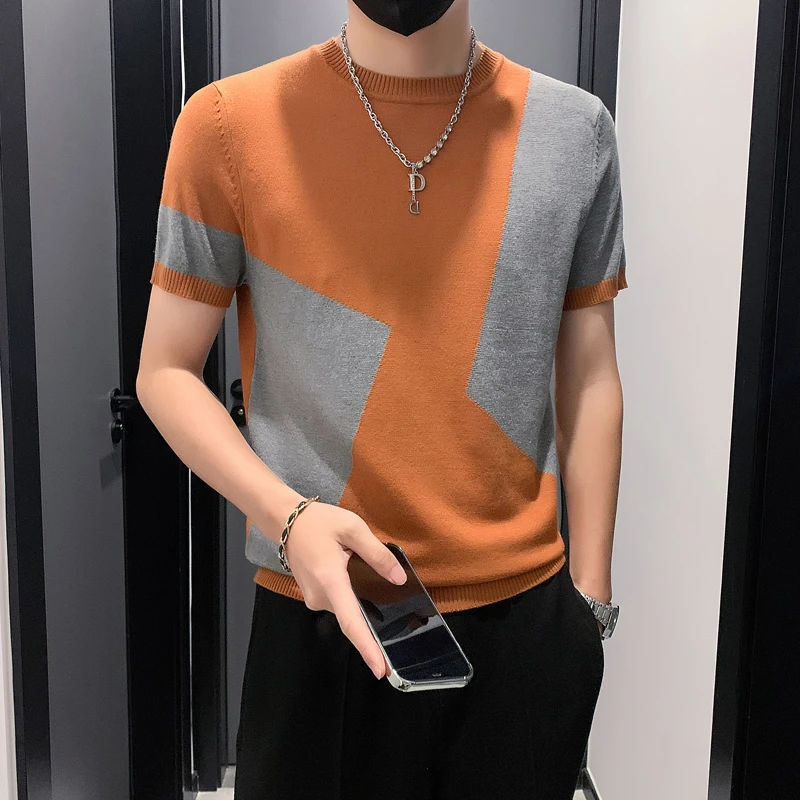 短袖毛衣男夏季2023新款潮牌帅气撞色T恤韩版潮流修身针织打底衫
