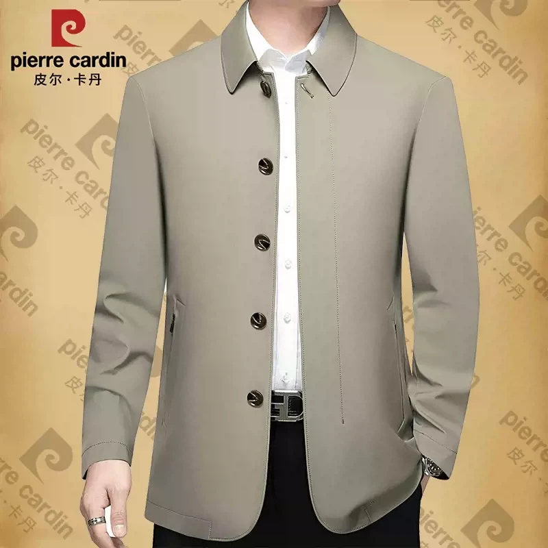 皮尔卡丹春秋季男士纯色翻领夹克衫中年轻奢商务男装休闲宽松外套