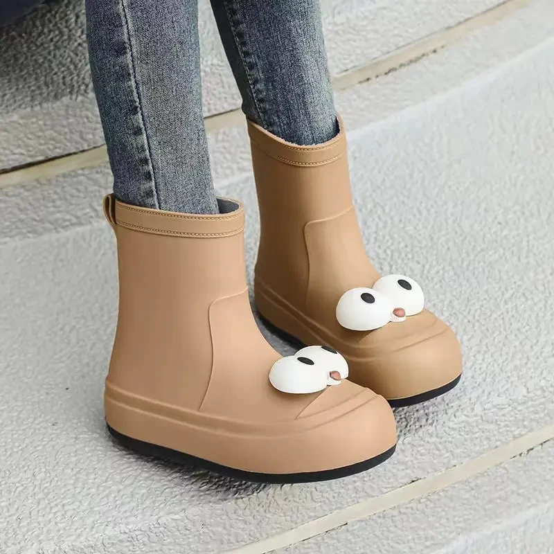 大眼加绒雨靴雨鞋女款学生大童可爱雨靴个性软底轻便防滑防水雨靴