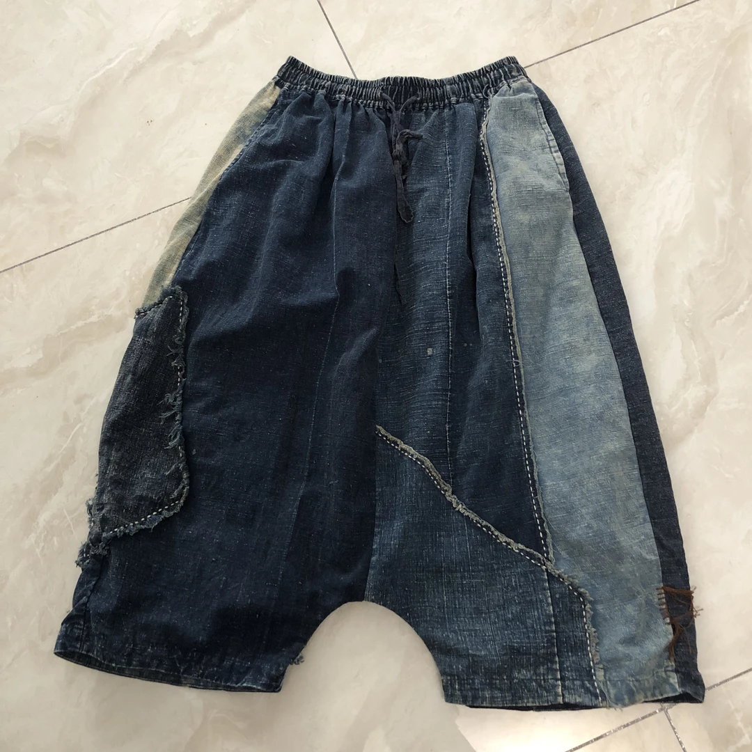 老布拼接毛边手绣休闲裤