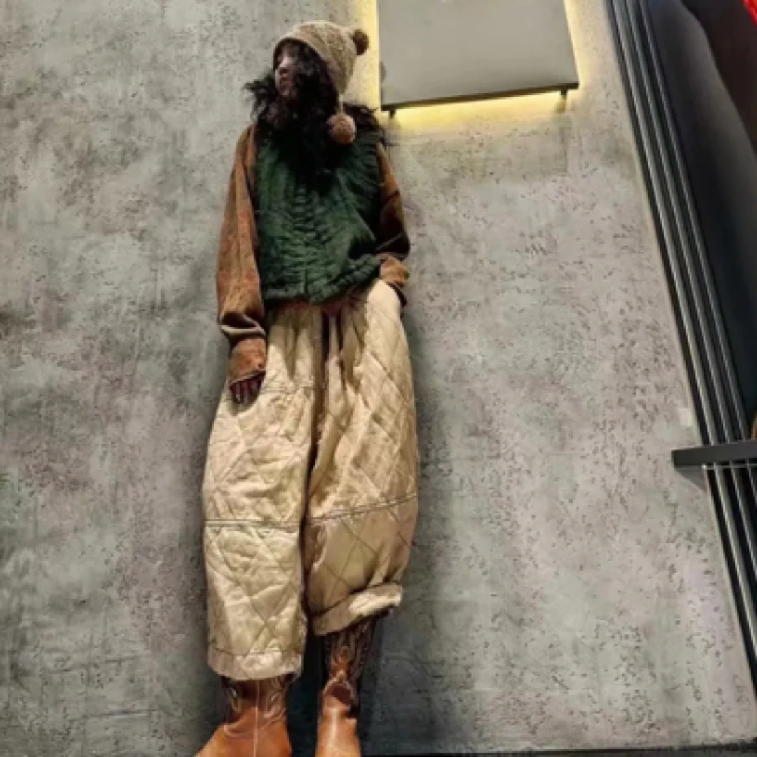 忆古朴拙23918复古文艺混纺色织麻菱形格八分棉裤