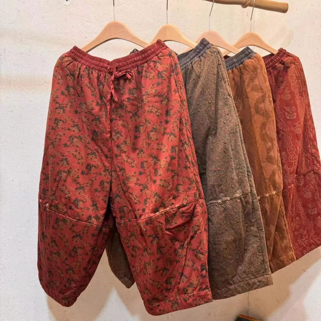 文艺复古棉纱碎花大码休闲宽松手工小棉裤