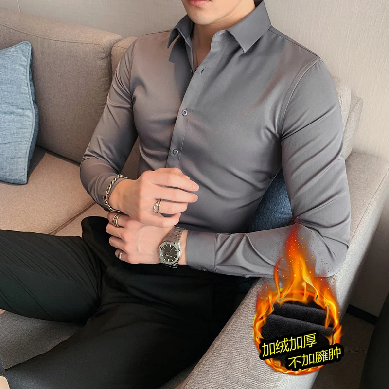 冬季加绒加厚保暖衬衫男士长袖修身一体绒黑白色衬衣西装打底内搭