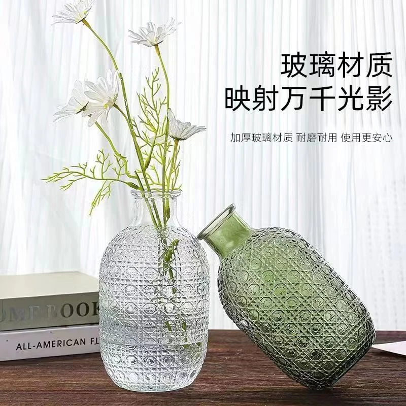【INS风浮雕小口花瓶】复古玻璃花瓶宝石格纹厚实家居轻奢高档