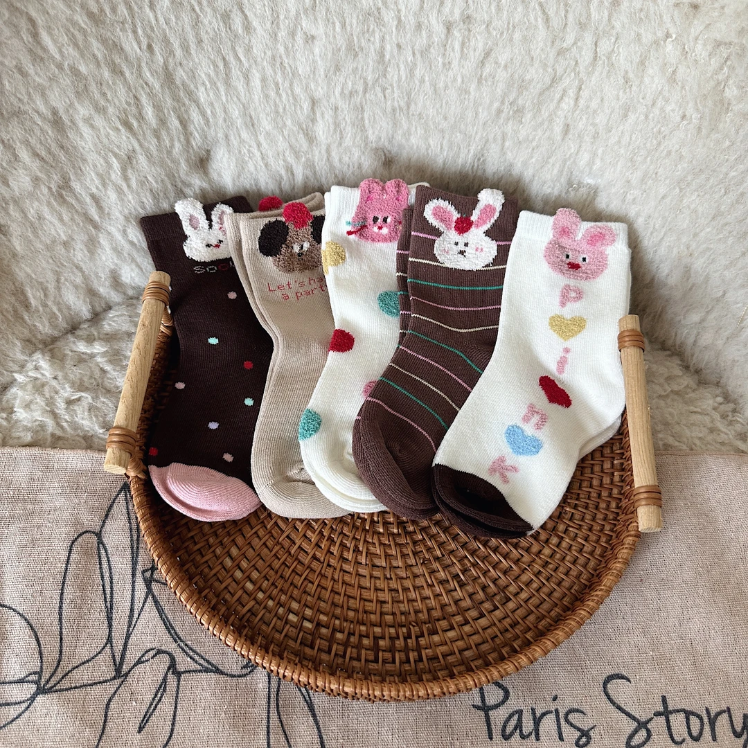 【5双装】7家 儿童女童公主卡通兔子蝴蝶结袜子F703