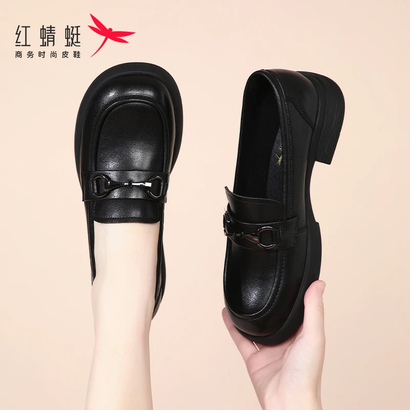 红蜻蜓秋季女鞋新款一脚蹬懒人低跟小皮鞋乐福鞋女真皮单鞋软牛皮
