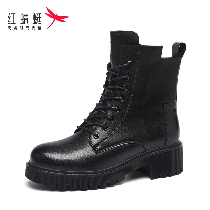 红蜻蜓真皮靴子厚底英伦风马丁靴女款2025新款秋冬季短靴加绒棉靴