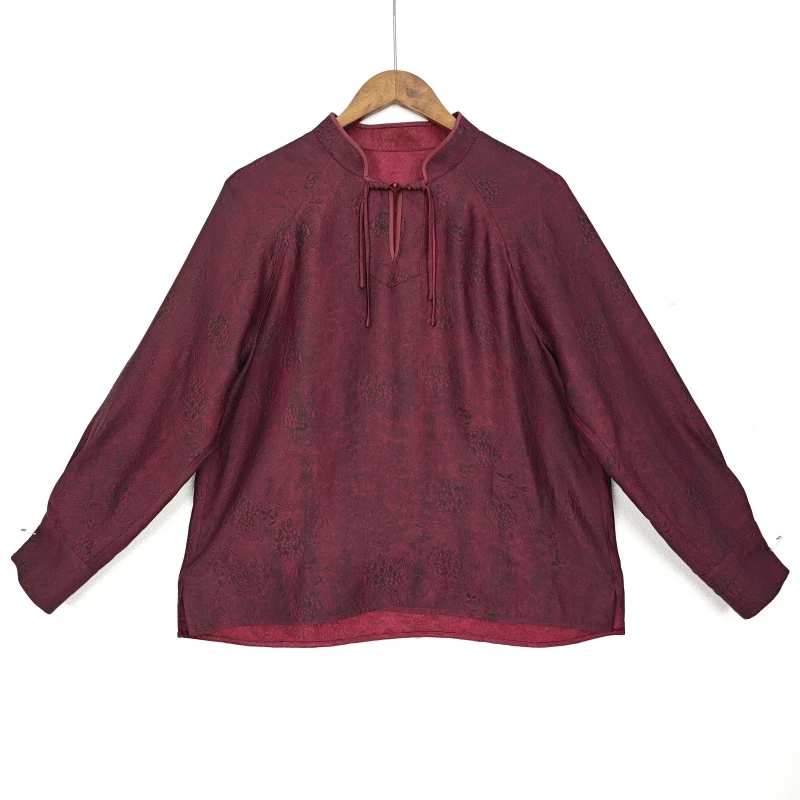 复古新中式国风红云纱提花桑蚕丝红色长袖上衣打底2310839