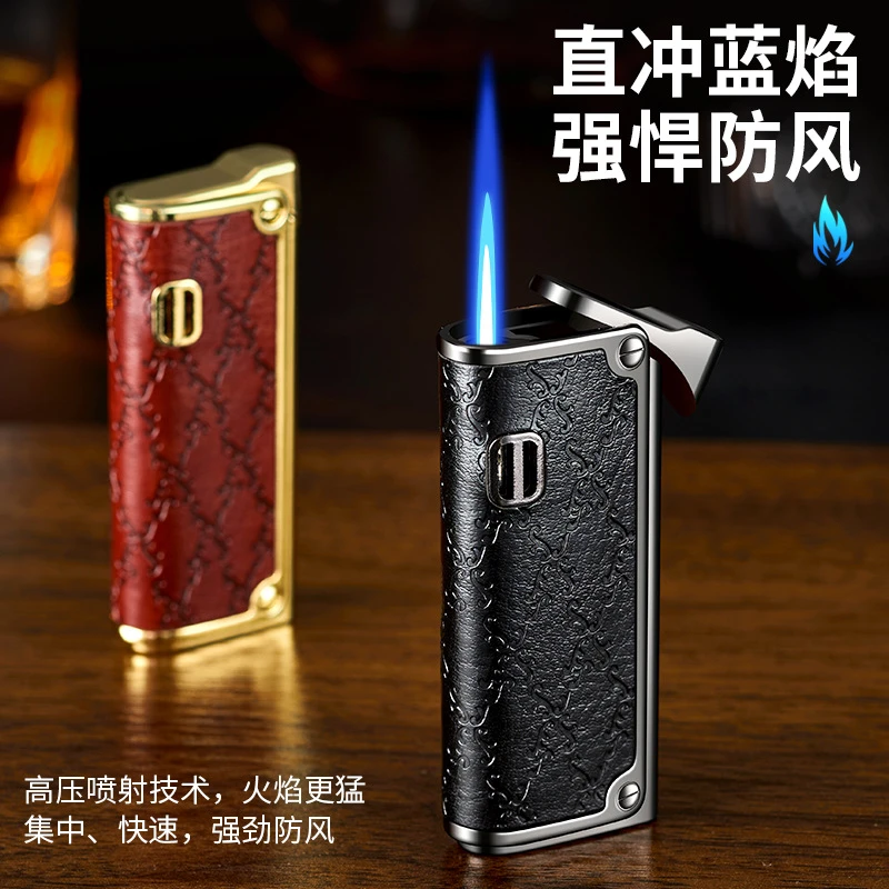 高档防风打火机充气直冲复古男士金属商务皮质耐用个性点烟器送礼