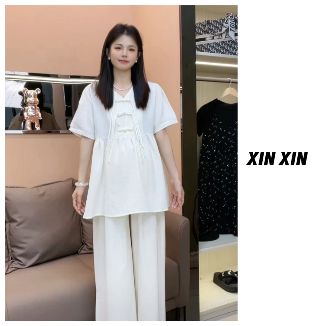 【昕昕】孕妇韩版v领国风盘口上衣＋薄款裤子